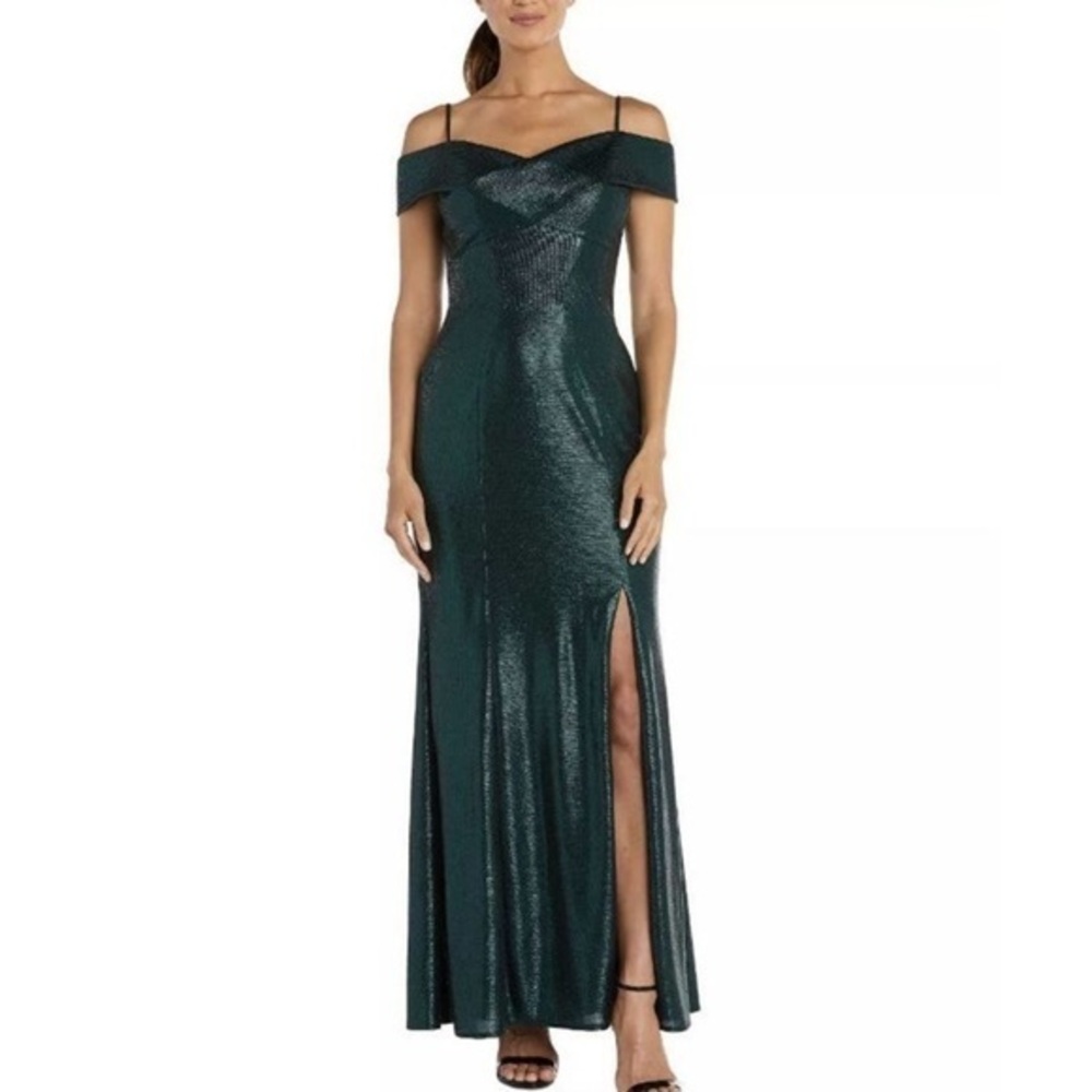 Nightway Emerald Cold Shoulder Foil Gown Dress